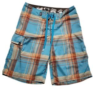 Lost Mayhem Plaid Board Shorts Swim Trunks Blue Orange Men's Size‎ 31 Surf